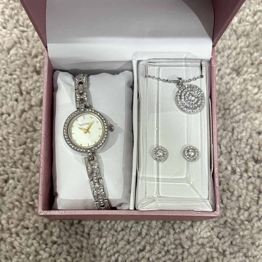 Ellen Tracy Silver Watch and Jewelry Gift Set
